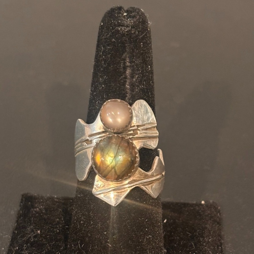 Handmade sterling silver artist signed two stone labradorite bypass ring